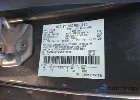 2019 Ford Transit Connect Xlt z USA, uszkodzony, nr VIN NM0GS9F25K1401561